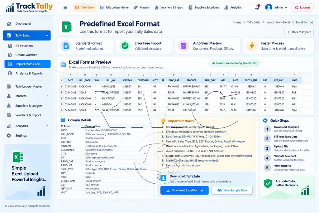 Tally Sales Excel upload interface with predefined sales import format